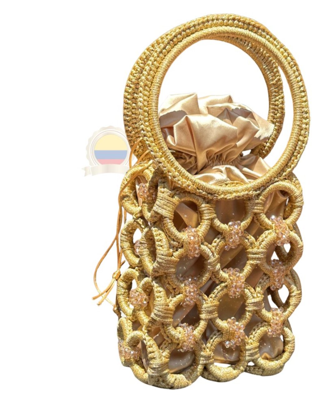 NEW Colombian Gold Metallic Purse Handmade Crystal Beaded Circle Handle Muisca - Picture 6 of 9